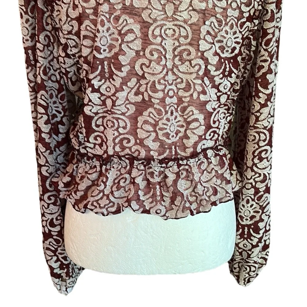 Anthropologie Brown Jacquard Ruffle Cropped Peasant Blouse - L